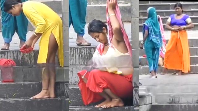 Punjabi Mom After Nude Dress By River Bath Outdoor